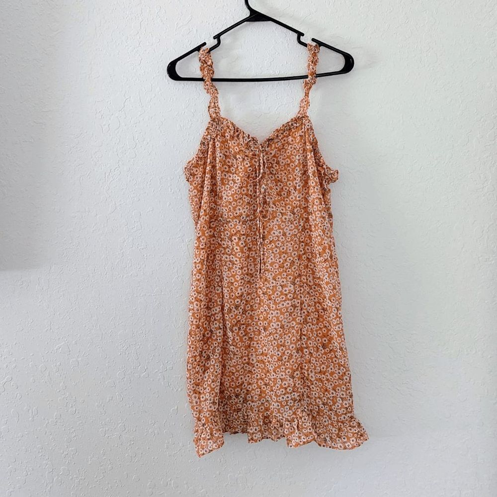 Women's French Kiss Ruffle Trim Midi Dress Orange Floral Pattern Large Chiffon